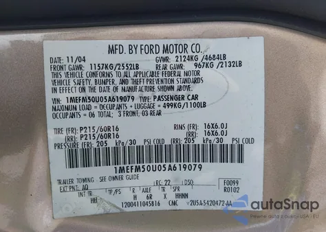 2005 Mercury Sable Gs z USA, uszkodzony, nr VIN 1MEFM50U05A619079